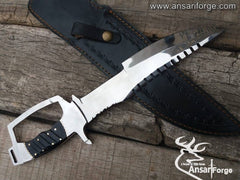 Handmade D-Guard Bowie Knife with mirror-polished D2 steel blade, buffalo horn handle, and cowhide leather sheath.