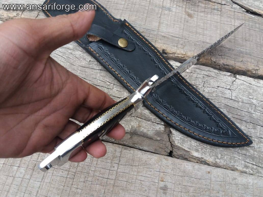 Full tang D-Guard Bowie Knife with mirror-polished D2 steel blade, buffalo horn handle, and cowhide leather sheath.