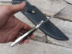Full tang D-Guard Bowie Knife with mirror-polished D2 steel blade, buffalo horn handle, and cowhide leather sheath.