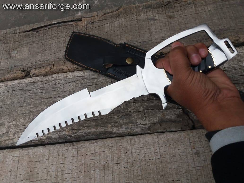 D-Guard Bowie Knife with mirror-polished D2 steel blade, buffalo horn handle, and leather sheath.