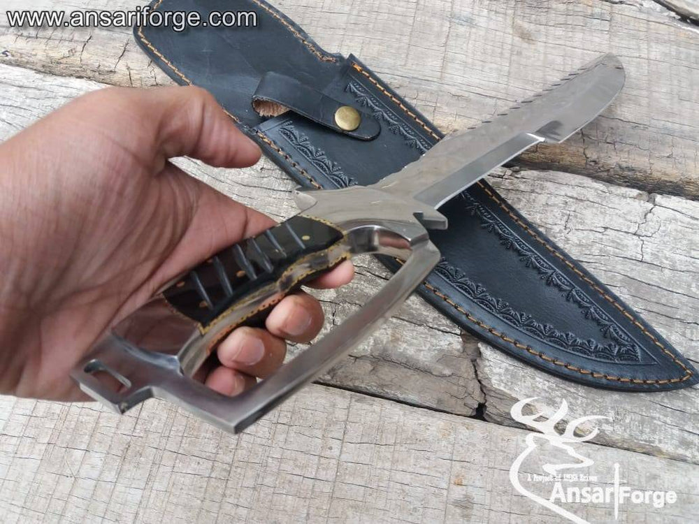 D-Guard Bowie Knife with mirror-polished D2 steel blade, buffalo horn handle, and cowhide leather sheath.