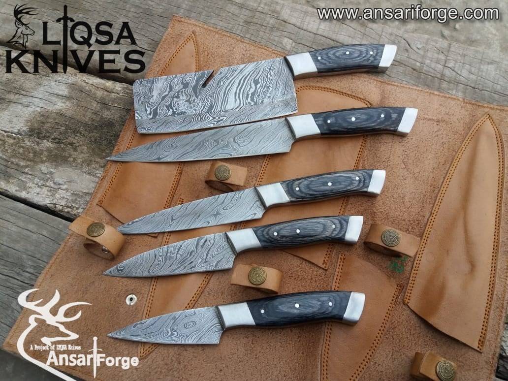 5-Piece Damascus Kitchen Knife Set, 276Layer Damascus Steel Forged Blade,Professional Chef Knife Set with Roll bag
