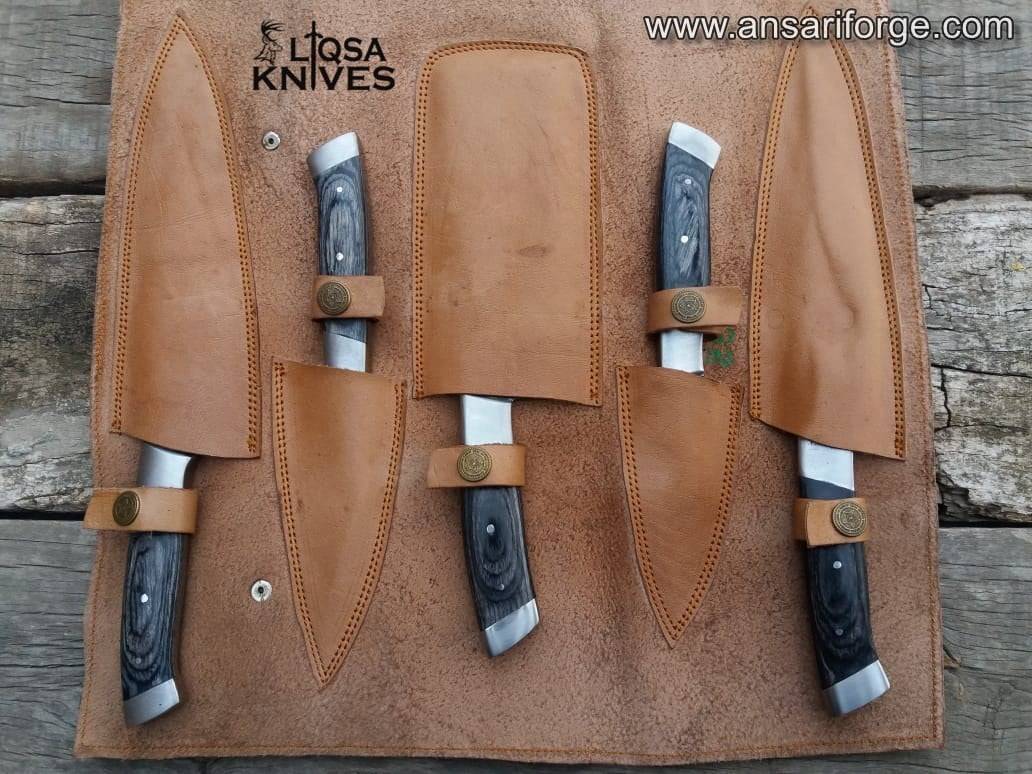 professional damascus chef knife set in roll bag.
