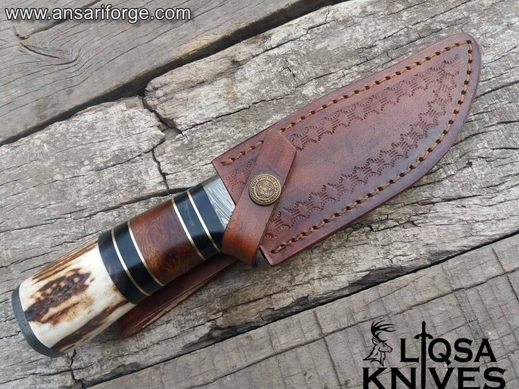 Custom made Damascus steel stag handle hunting knife