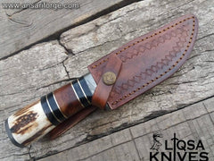 Custom made Damascus steel stag handle hunting knife
