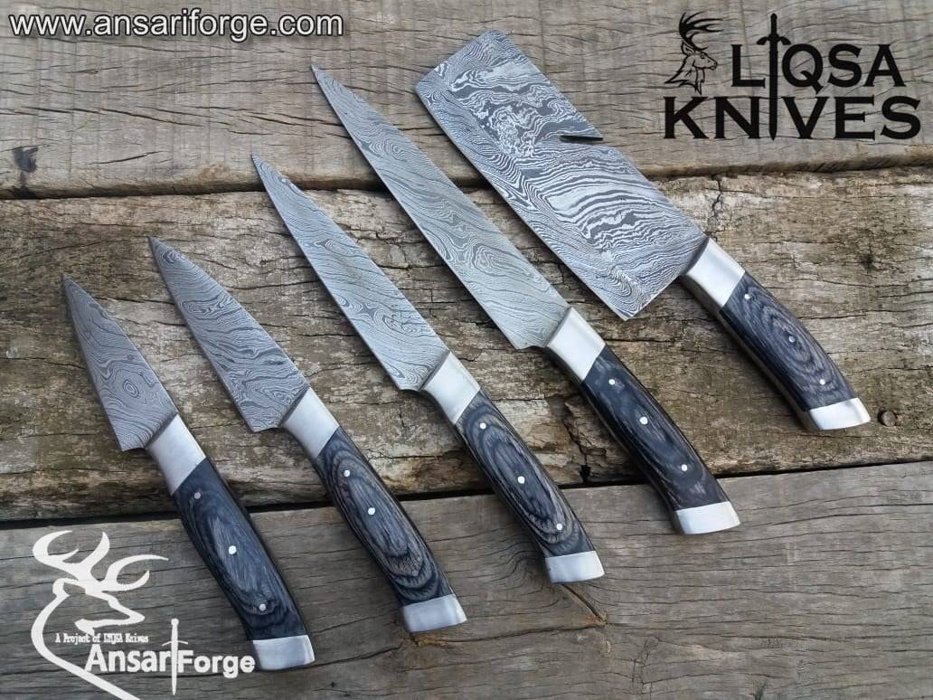 Custom made real Damascus kitchen knife set.