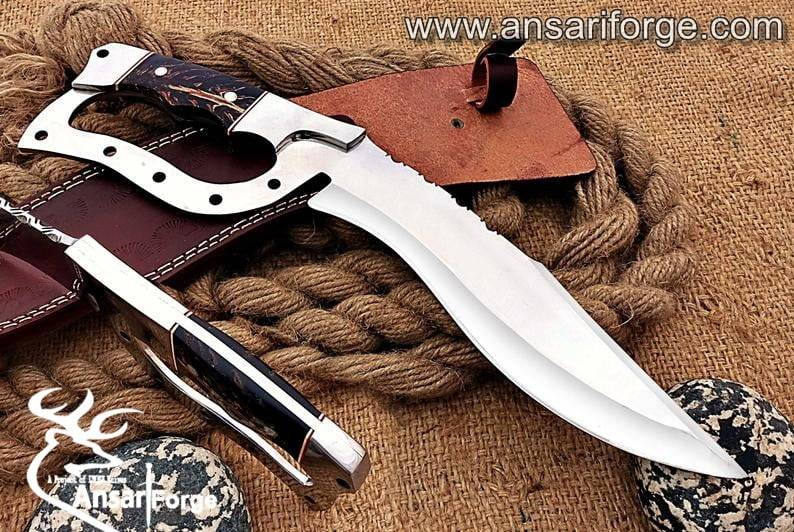 D-Guard Bowie Knife with mirror polished D2 steel blade, Pine Cone handle, and cowhide leather sheath. Ideal for camping, survival, hunting, and tactical uses.