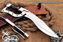 D-Guard Bowie Knife with mirror polished D2 steel blade, Pine Cone handle, and cowhide leather sheath. Ideal for camping, survival, hunting, and tactical uses.