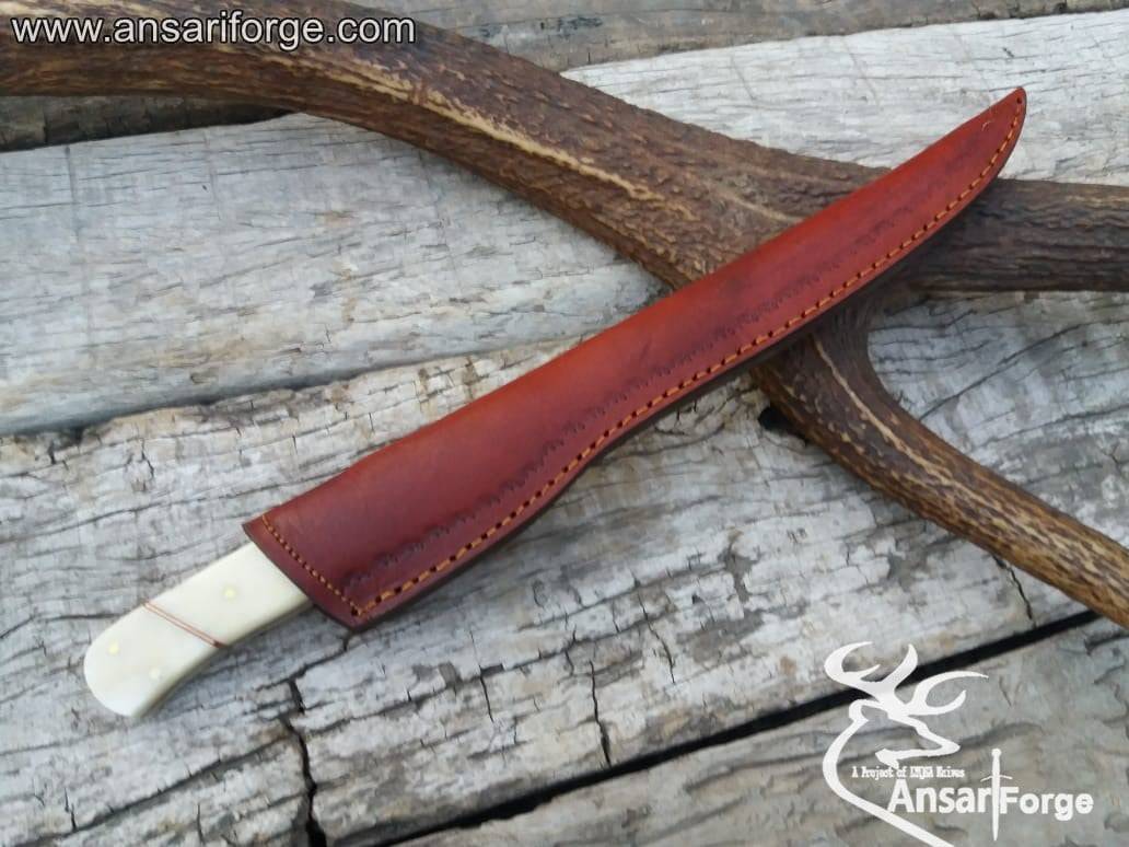 Fillet Knife sheath, showcasing its genuine cowhide leather construction and secure closure.