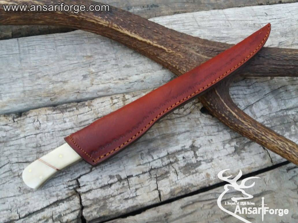 Fillet Knife sheath, showcasing its genuine cowhide leather construction and secure closure.
