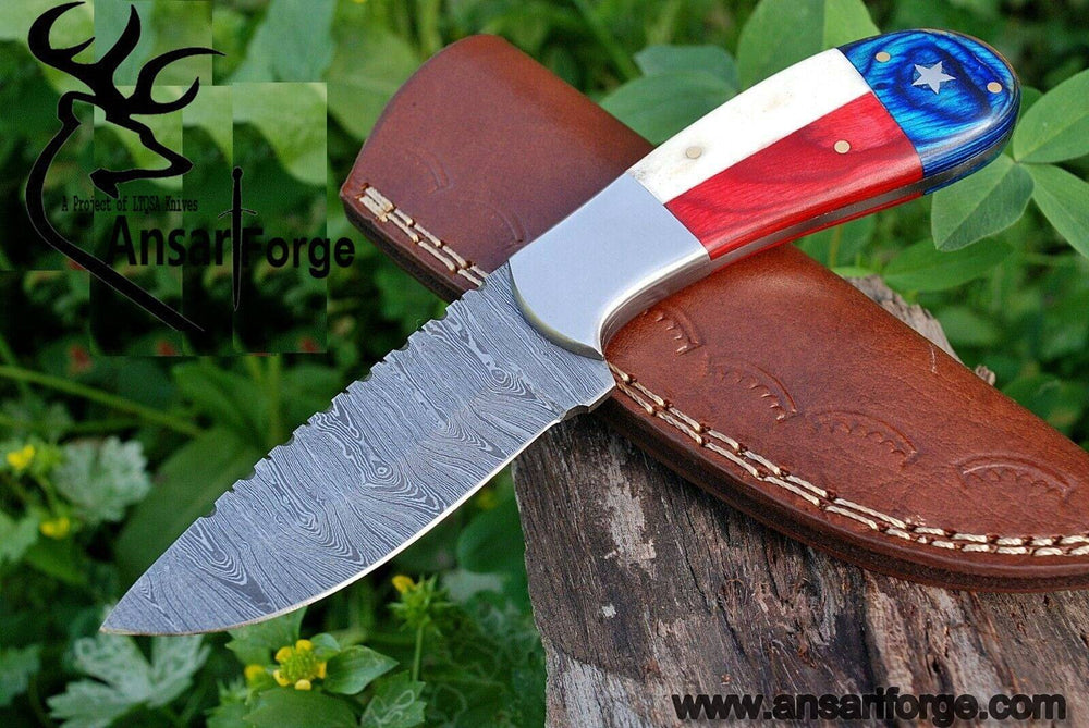 Damascus steel hunting knife Texas flag handle
