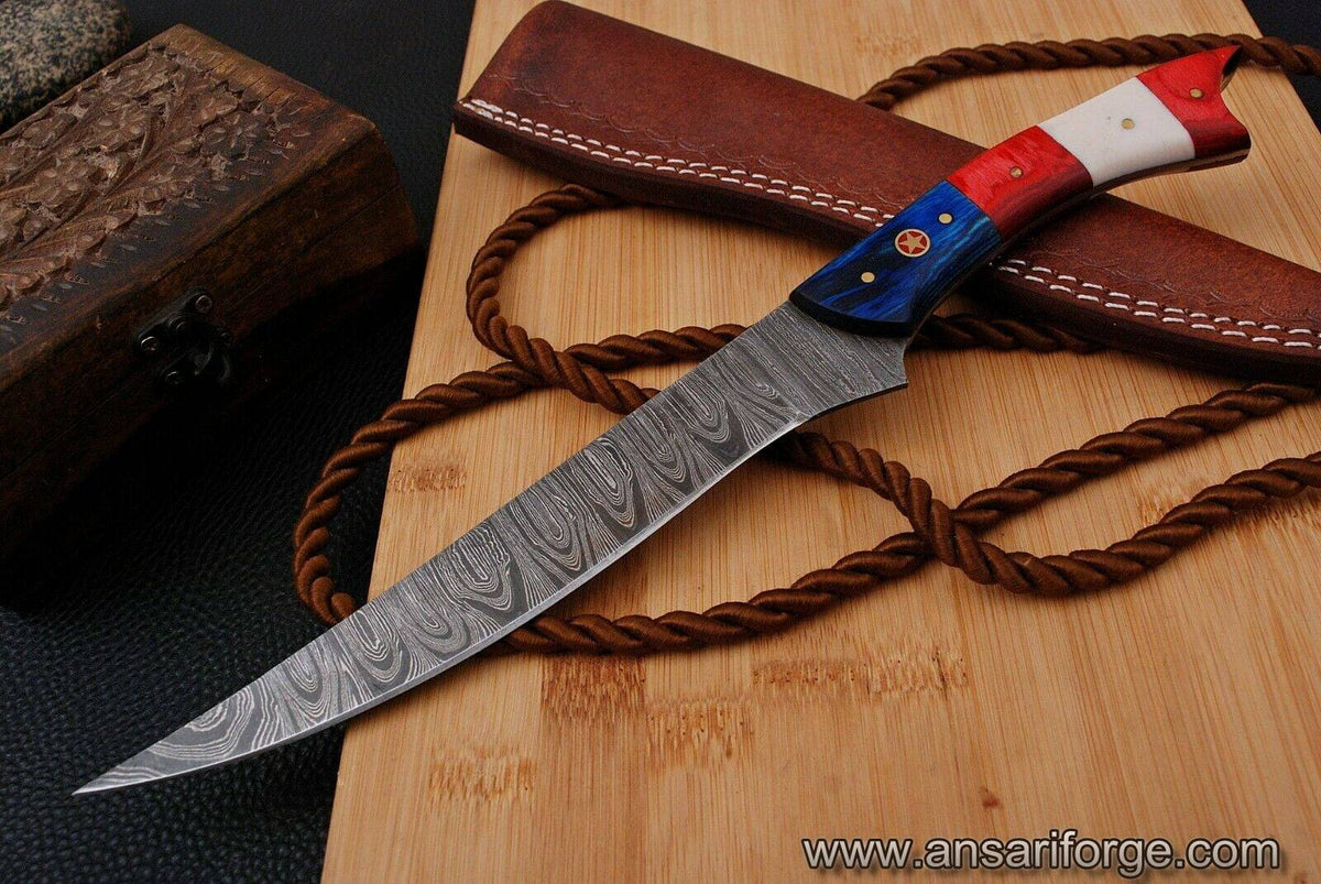 Damascus steel handmade fillet knife with Texas flag handle and free leather sheath