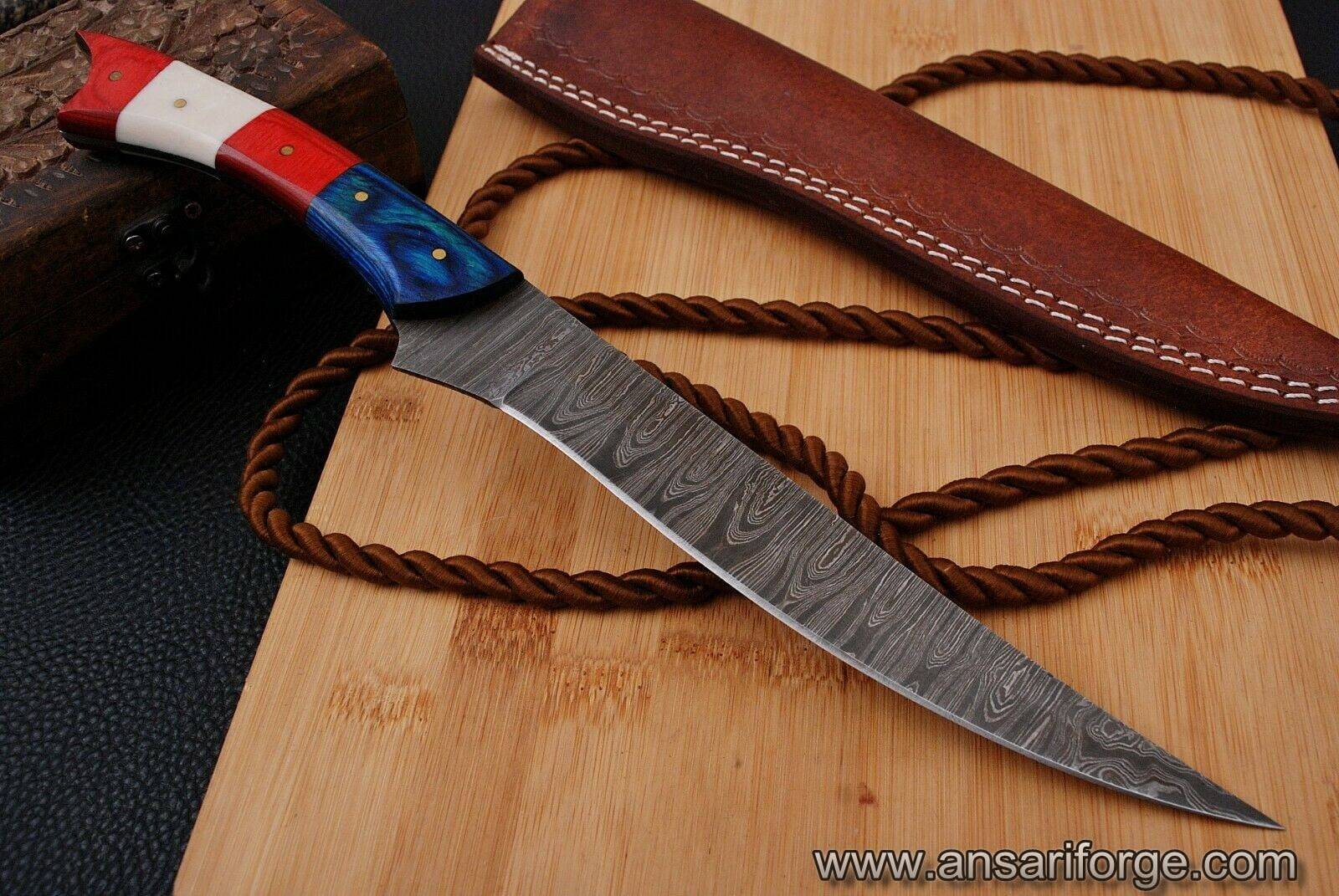 Damascus steel handmade fillet knife with Texas flag handle and free leather sheath