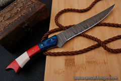 Damascus steel handmade fillet knife with Texas flag handle and free leather sheath