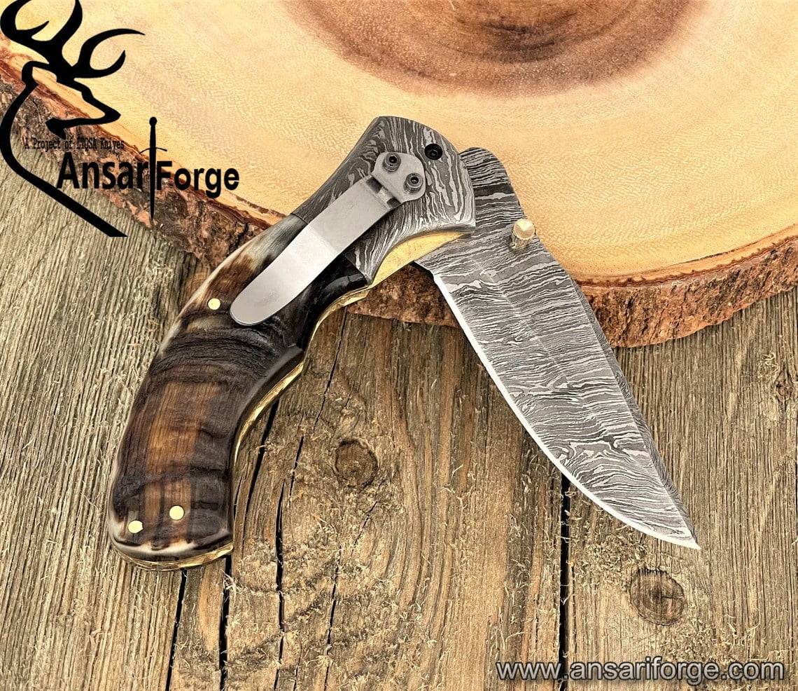 Damascus Pocket Knife with Clip Leather Sheath Sharp Folding Knife, EDC with Liner Lock Unique Ram Horn Handle for Outdoor Survival Camping Collection