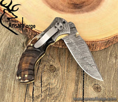 Damascus Pocket Knife with Clip Leather Sheath Sharp Folding Knife, EDC with Liner Lock Unique Ram Horn Handle for Outdoor Survival Camping Collection