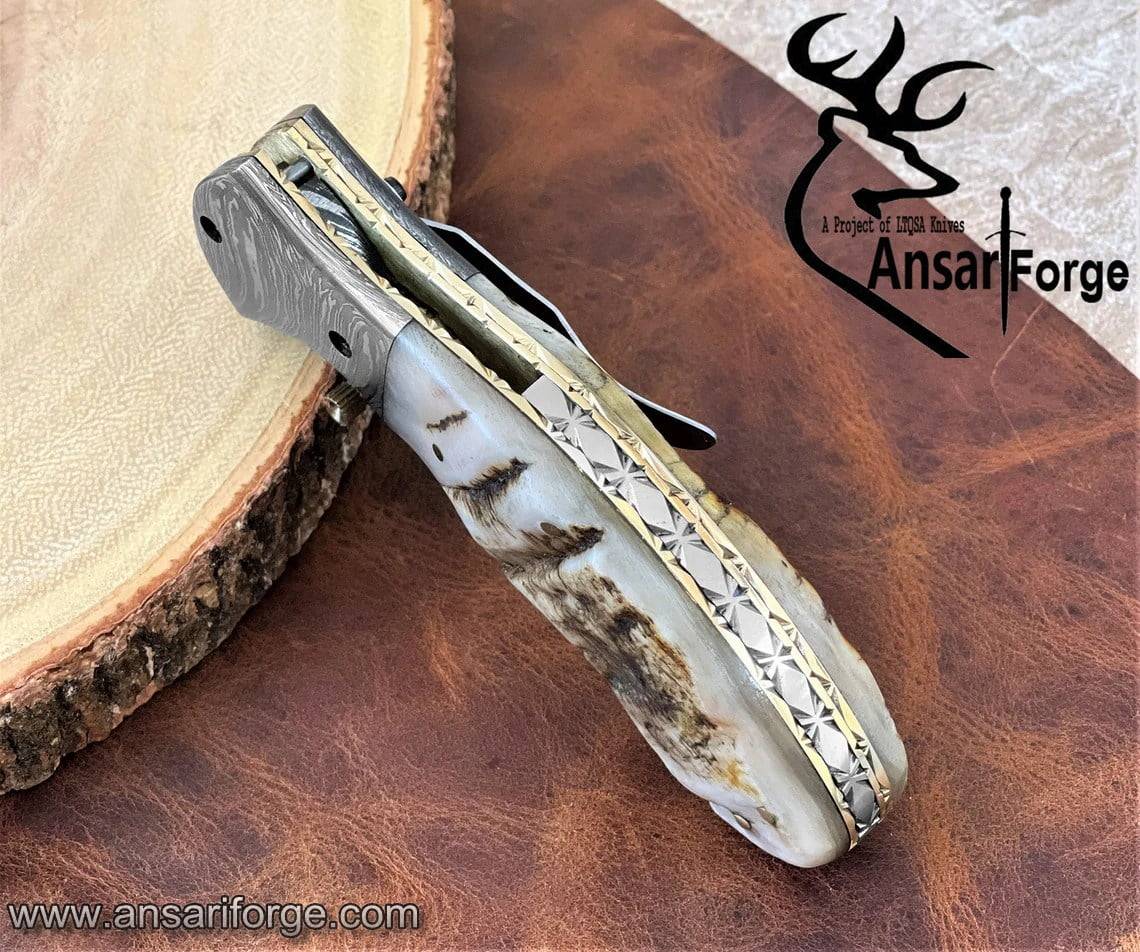 Damascus Pocket Knife with Clip Leather Sheath Sharp Folding Knife, EDC with Liner Lock Unique Ram Horn Handle for Outdoor Survival Camping Collection