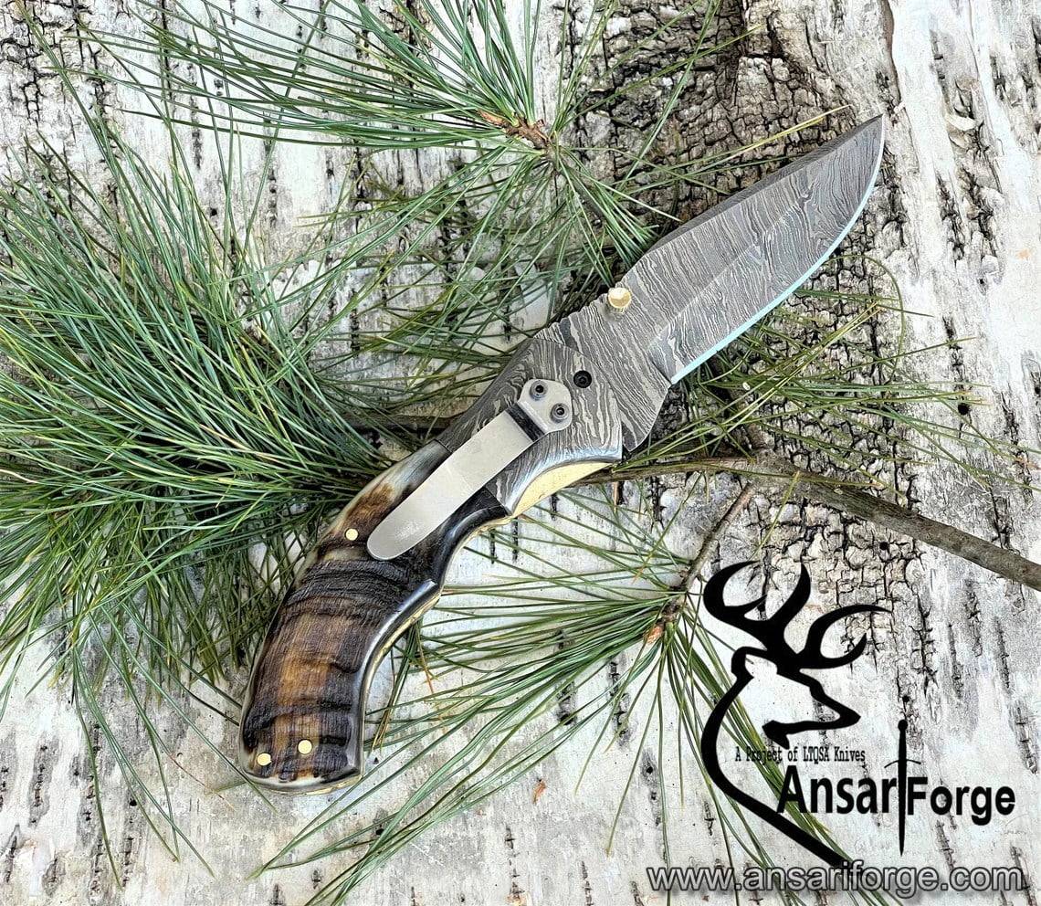 Damascus Pocket Knife with Clip Leather Sheath Sharp Folding Knife, EDC with Liner Lock Unique Ram Horn Handle for Outdoor Survival Camping Collection