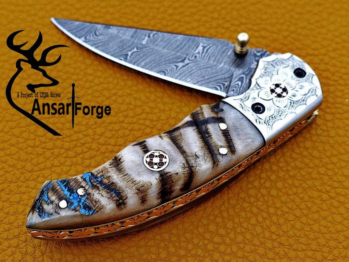Damascus steel handmade folding pocket knife EDC