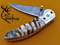 Damascus steel handmade folding pocket knife EDC
