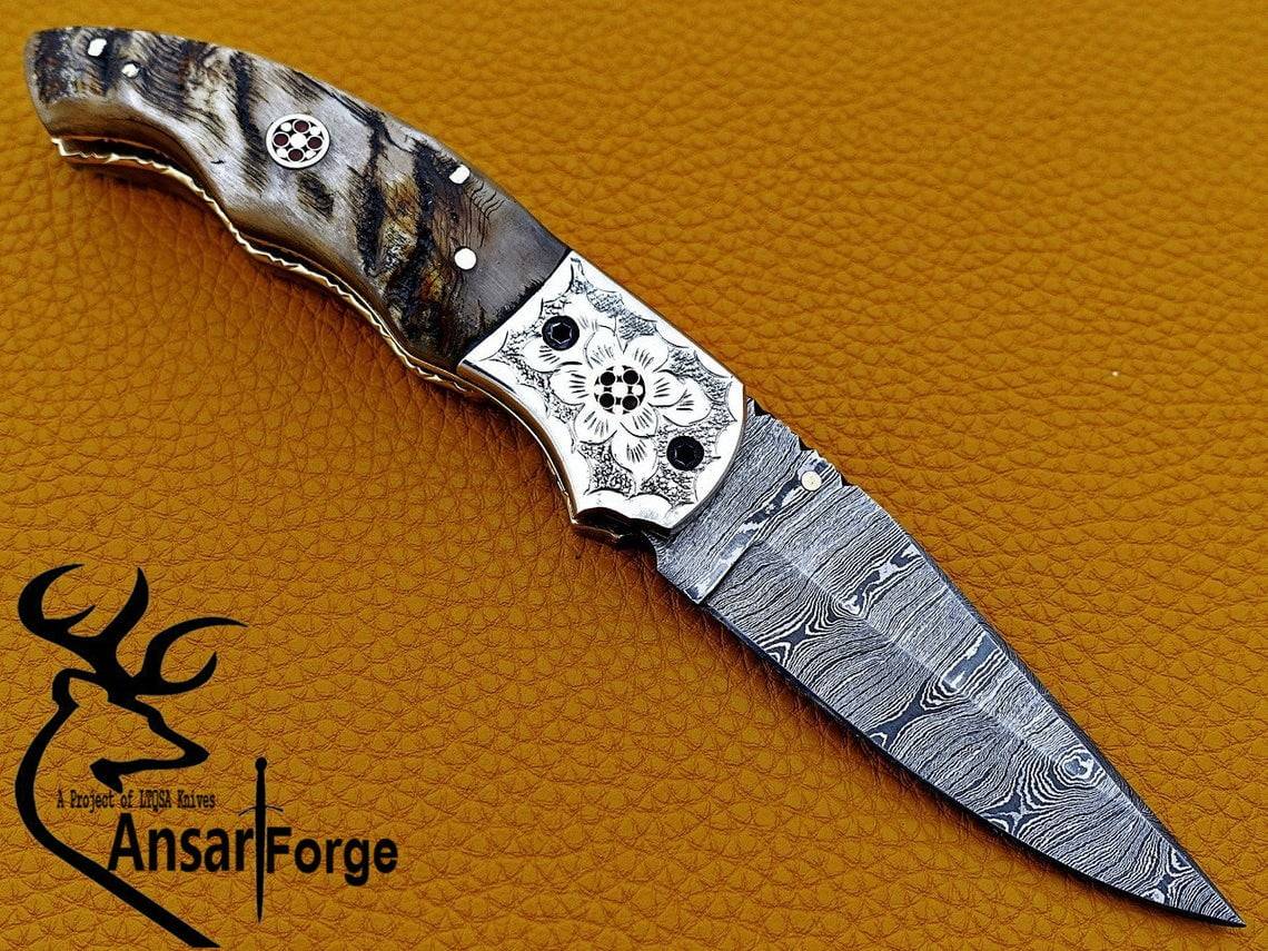 Damascus steel handmade folding pocket knife EDC