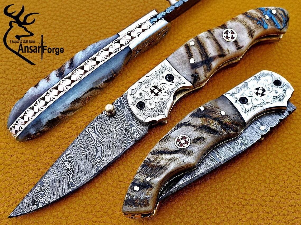 Damascus steel handmade folding pocket knife EDC