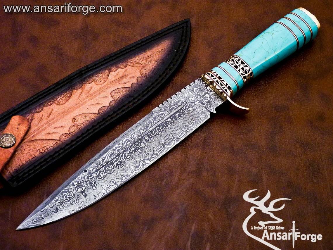 Damascus steel Turquoise handle Bowie knife