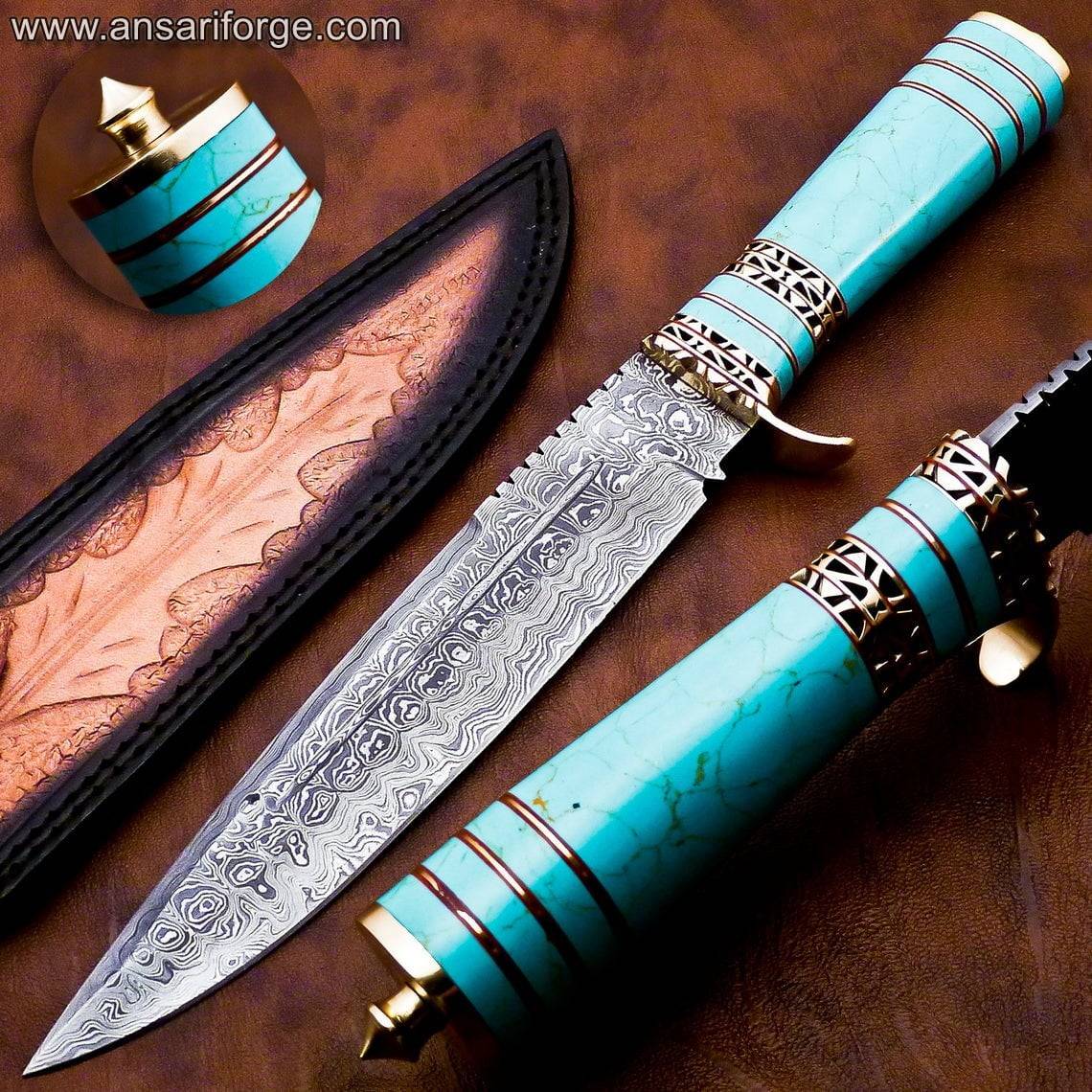 Damascus steel Turquoise handle Bowie knife