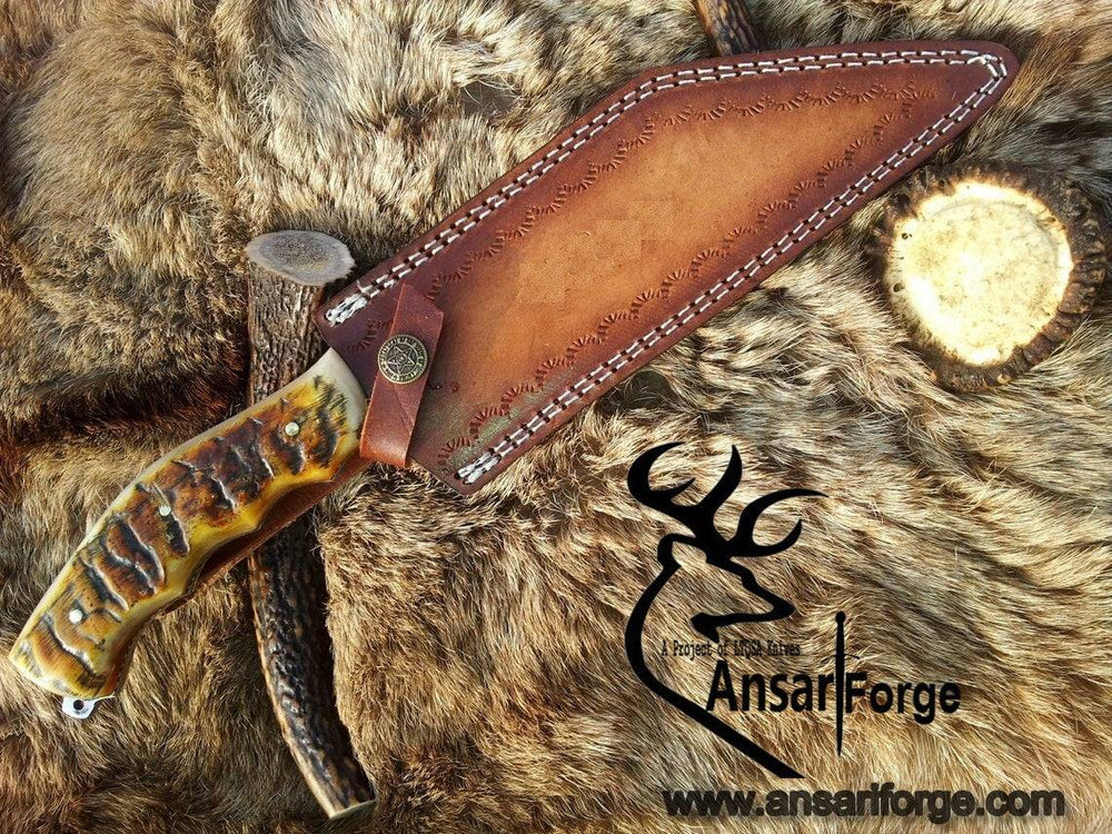 Hand Forged Damascus Seax Knife in brown leather sheath.