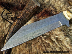 Damascus Seax Knife with raindrop pattern blade, ram horn handle, and cowhide leather sheath