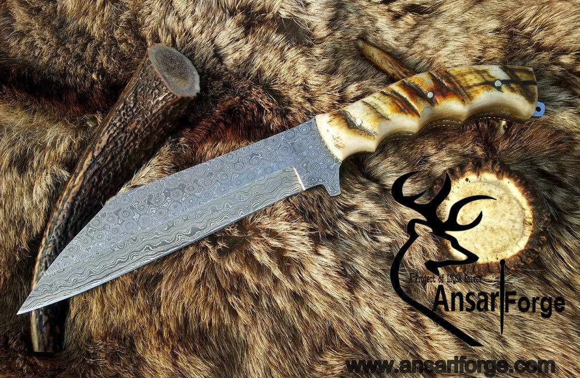 Handmade Damascus Steel Viking Seax Knife With Ram Horn Handle & Leather Sheath