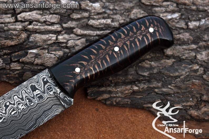 Damascus steel stabilized pine cone handle hunting knife
