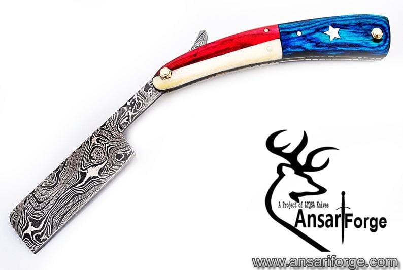 Damascus steel handmade straight razor shaving razor Texas flag handle