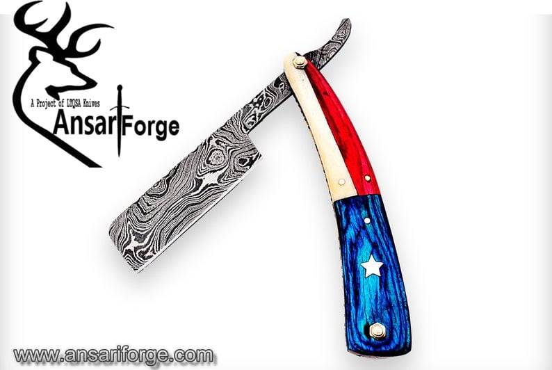 Damascus steel handmade straight razor shaving razor Texas flag handle