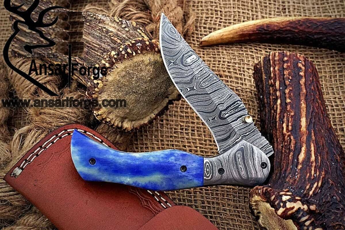 Damascus steel pocket knife folding knife EDC leather sheath