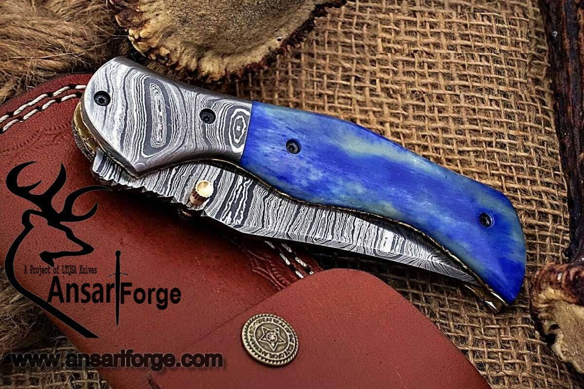 Damascus steel pocket knife folding knife EDC leather sheath