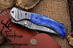 Damascus steel pocket knife folding knife EDC leather sheath