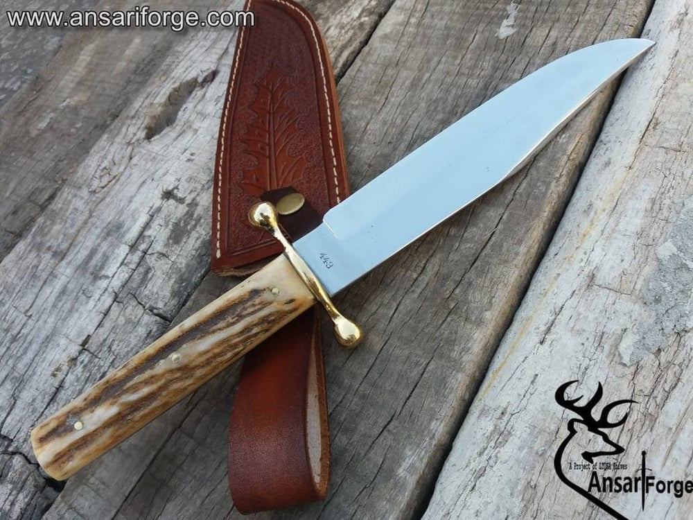 Full Tang Bowie Knife with Genuine Cowhide Leather Sheath and Brass Accents.