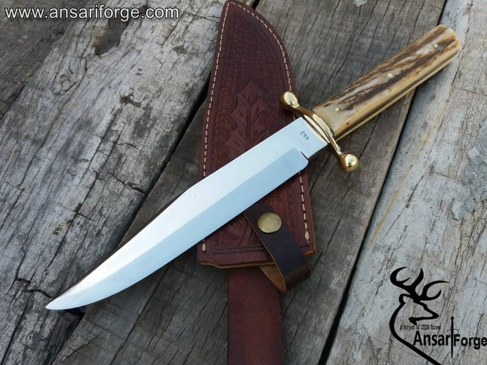 Stag Antler Handle Bowie Knife with Handmade Leather Sheath and Tooling Artwork.