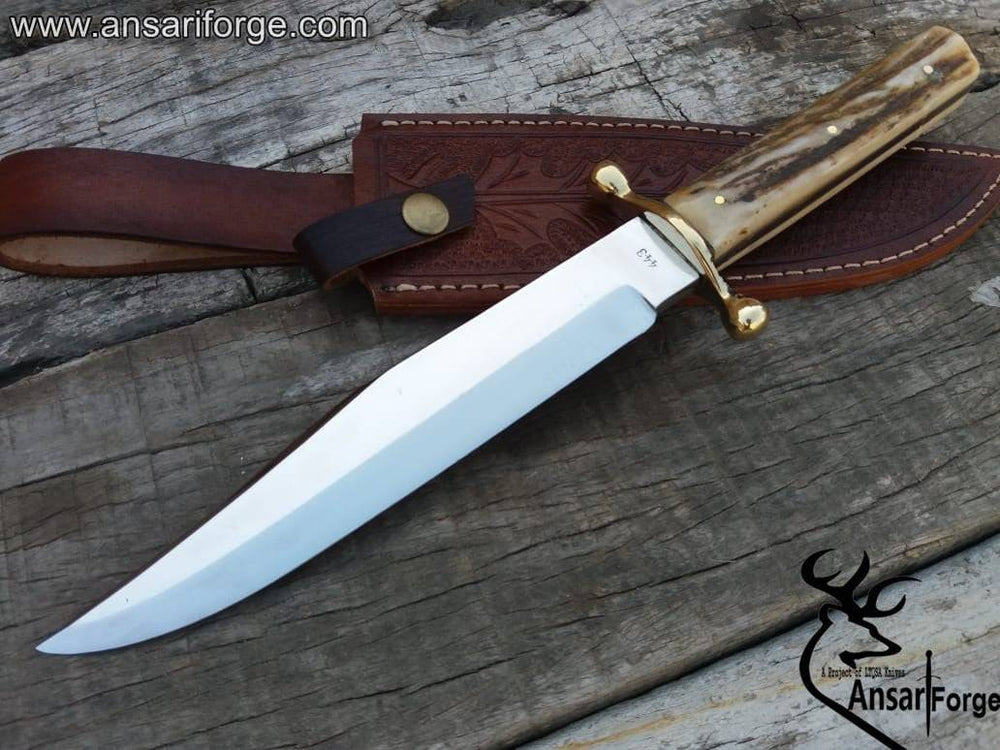Full Tang Bowie Knife with 5160 Steel Blade and Stag Antler Handle.