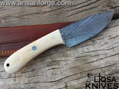 Custom handmade Bone Handle Damascus steel feather pattern hunting knife