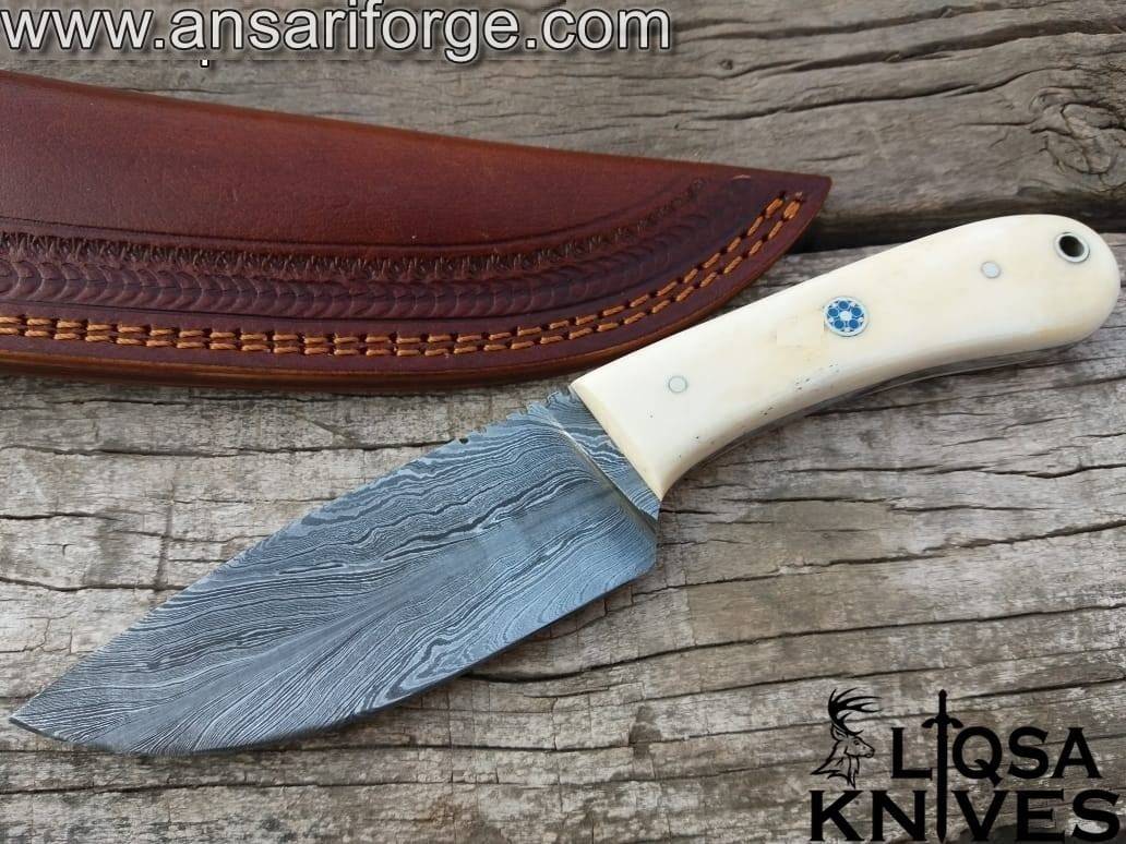 Custom handmade Bone Handle Damascus steel feather pattern hunting knife with leather sheath