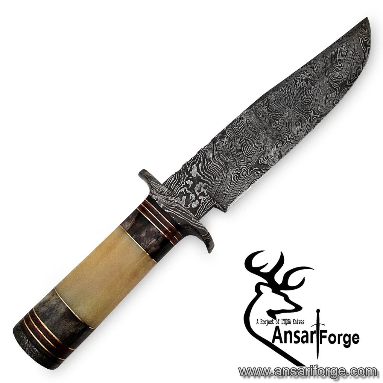 Damascus steel handmade Bowie hunting knife wolf engraving camel bone handle