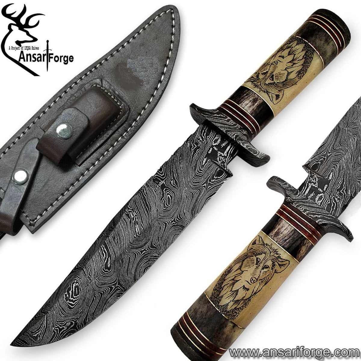 Damascus steel handmade Bowie hunting knife wolf engraving camel bone handle