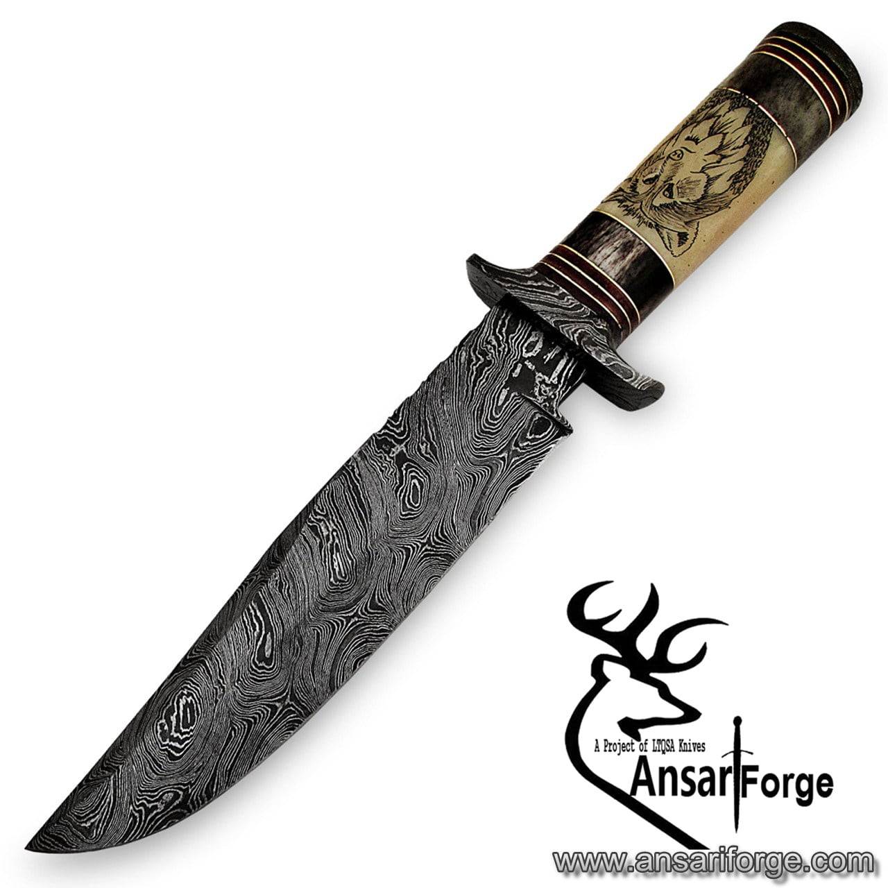 Damascus steel handmade Bowie hunting knife wolf engraving camel bone handle