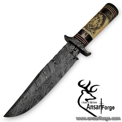 Damascus steel handmade Bowie hunting knife wolf engraving camel bone handle