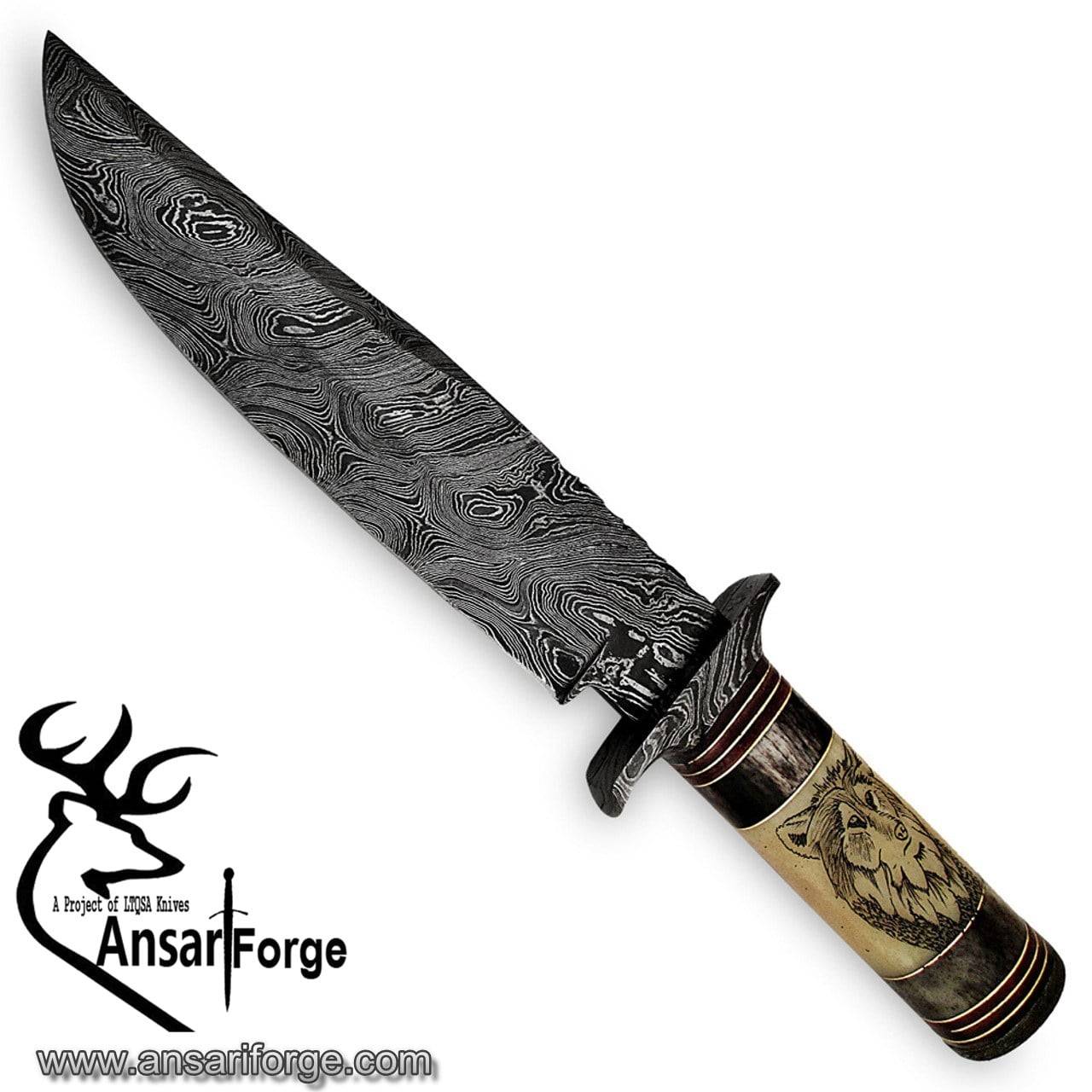 Damascus steel handmade Bowie hunting knife wolf engraving camel bone handle