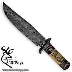 Damascus steel handmade Bowie hunting knife wolf engraving camel bone handle