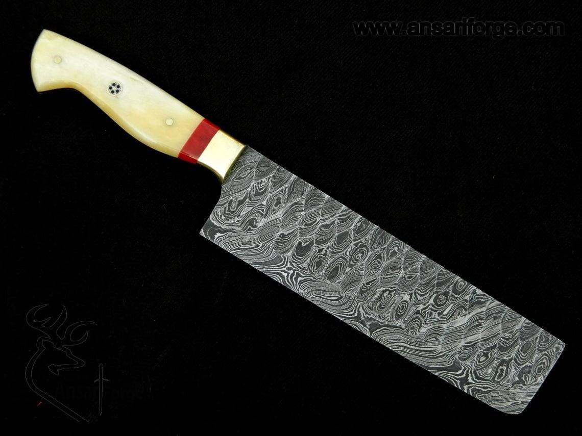 Damascus steel flint knapped kitchen cleaver