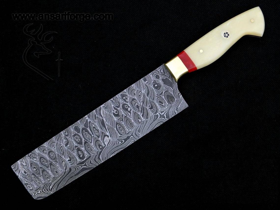 Damascus steel flint knapped kitchen cleaver